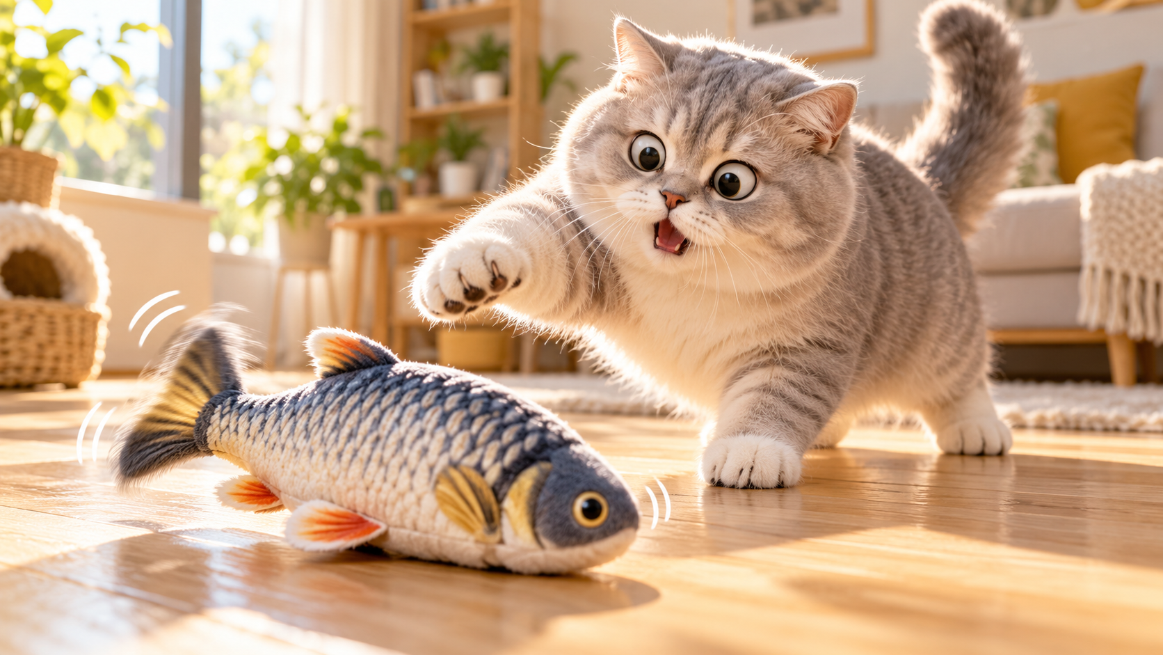 猫咪和电动跳跳咸鱼搞笑互动